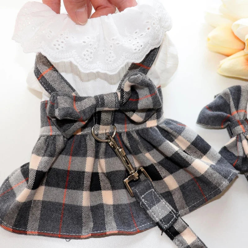 Dog Clothes Pet Dog Dress Plaid Skirt With Big Bowknot Pet Harness With Leash Set For Girls Small Medium Chihuahua Dog Clothing